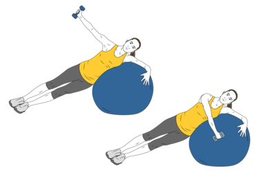 Elevación lateral de hombro con mancuerna apoyado sobre pelota de pilates