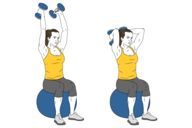 Extension de triceps con mancuernas sentado en pelota de pilates