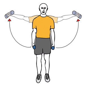 Elevación lateral de hombros con mancuernas de pie brazos estirados
