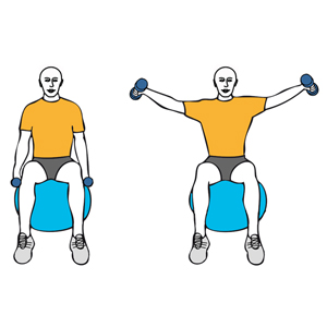 Elevación lateral de hombros con mancuernas sentado en pelota de pilates
