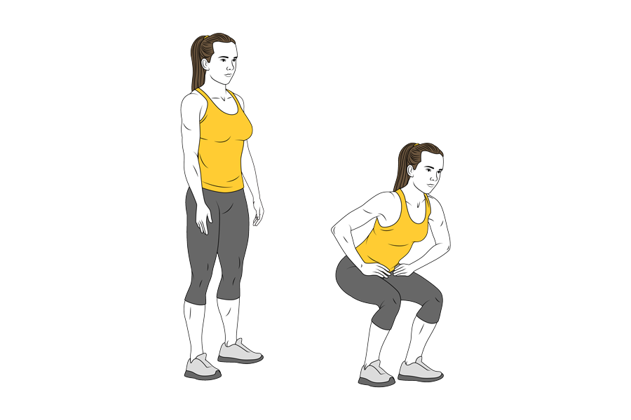 Posición de media flexion de piernas con manos en la cintura.